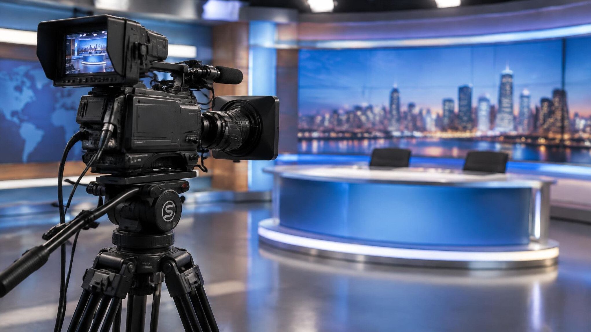 Professional video camera set up in a television news studio