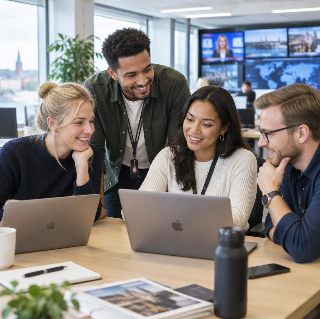 Team of colleagues working together around a table with laptops