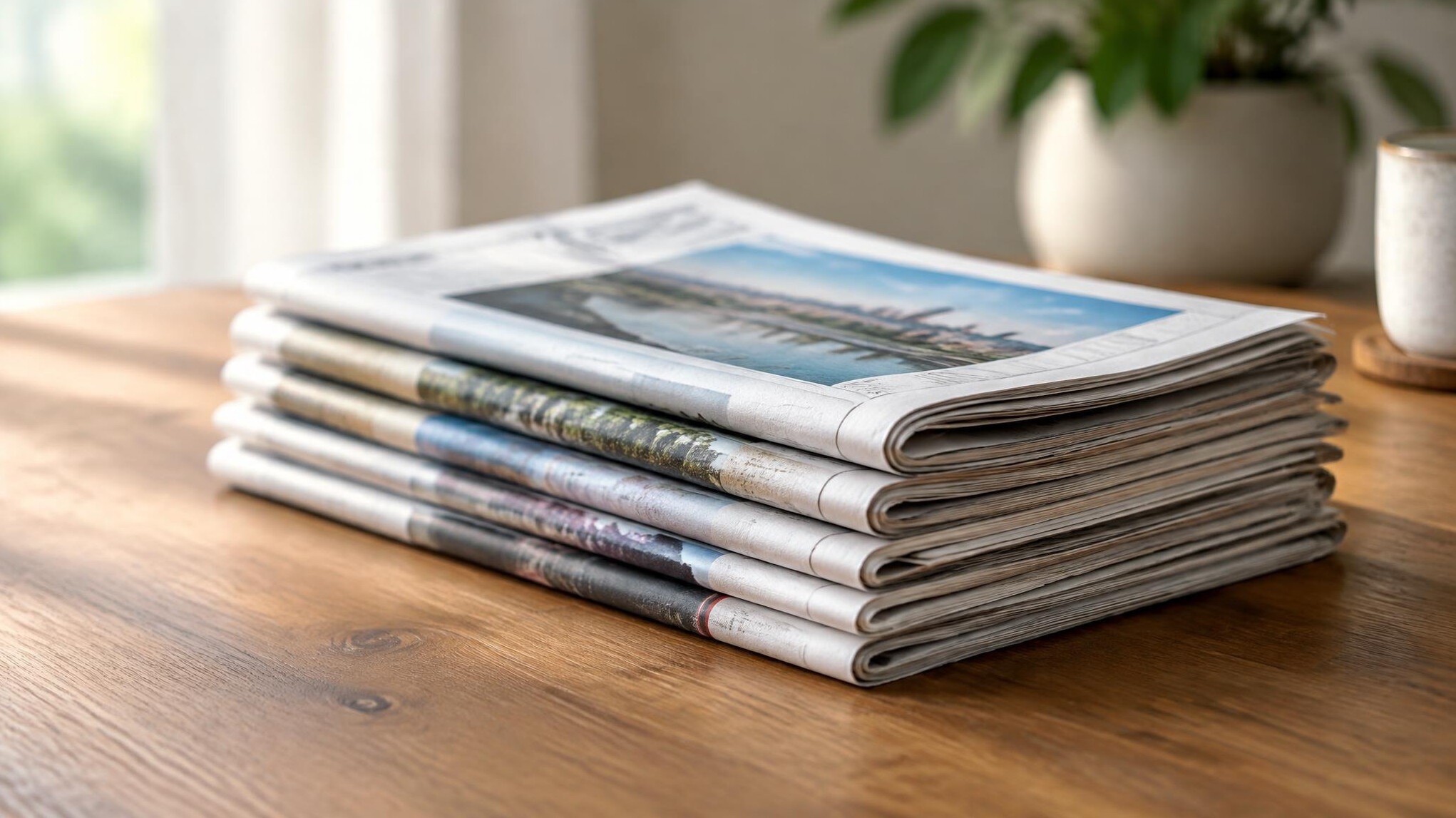Stack of folded newspapers on a table